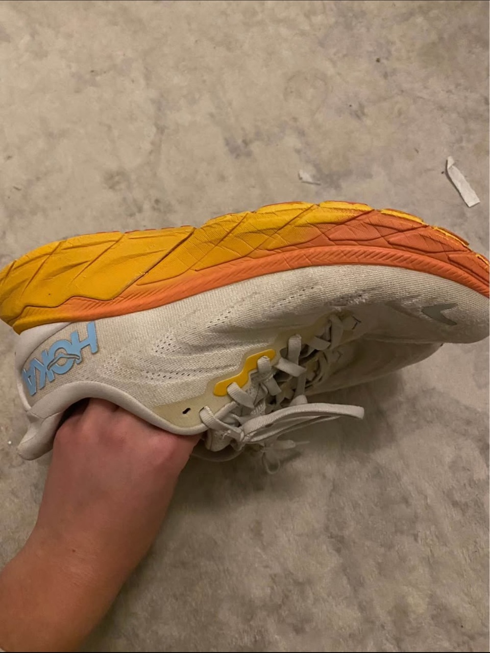 Hoka Womens Sneaker — White Upper with Yellow and Orange Sole
